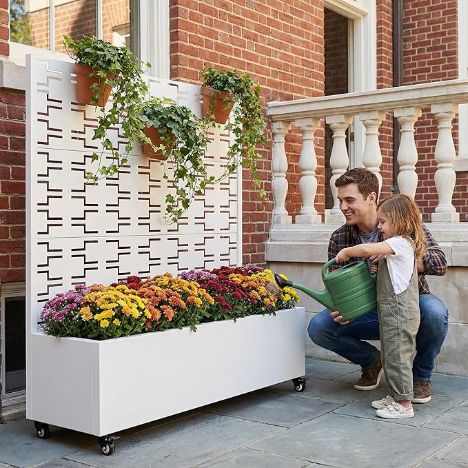 Casaphoria Metal Raised Garden Bed with Trellis and Wheels, 47"x47"x16" Planter Box for Climbing Plants, Vegetables & Vines, Features Drainage Holes and Privacy Screen, White-Brick