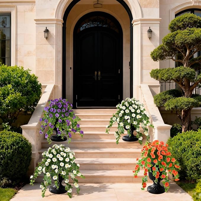 Homsunny Artificial Fake Flowers Plants for Outdoor Decoration, 2PCS Faux Petunias Silk Flower UV Resistant No Fade for Home Outside Garden Balcony Yard Porch Realistic Indoor Decor (White)