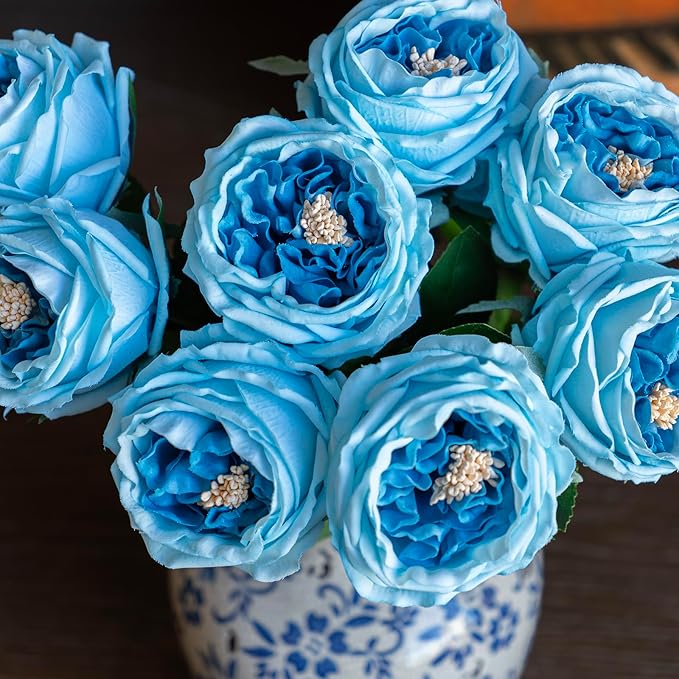 DUYONE Fake Flowers for Decoration Home Decor Artificial Flowers Austin Rose Peony Latex Fake Flower Living Room Decoration Vivid Pink Roses Peonies (Deep Blue 4pcs)