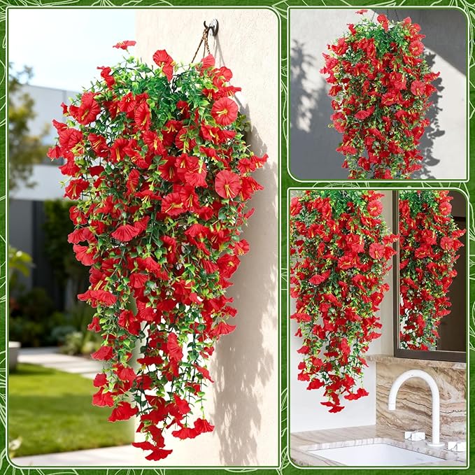 4-Pack Fake Hanging Plants, Faux Hanging Plant Artificial Greenery for Living Room Bedroom Boho Wall Shelf Indoor Outdoor Decor (Red Morning Glory)