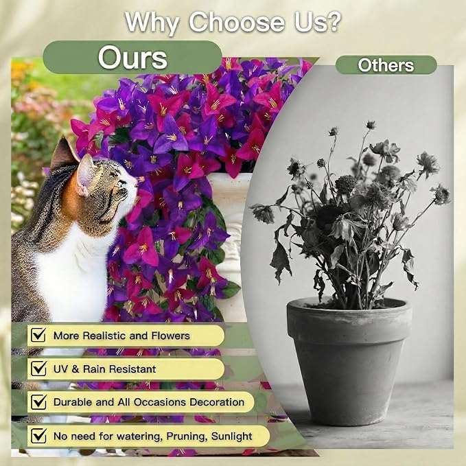 Artificial Flowers for Outdoors Fake Purple Fuchsia Bougainvillea Hanging Flower Decoration, 2Pcs Realistic Faux Silk Plants Long Trailing Vines, Spring Decor for Porch Patio Balcony Planter Yard