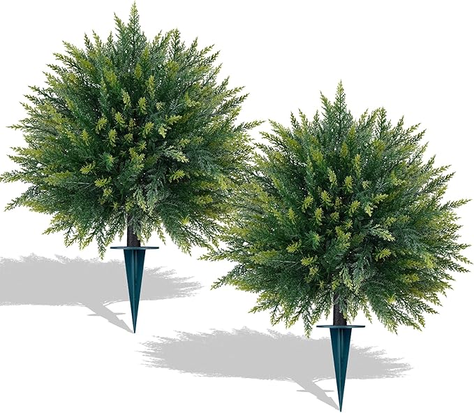 2 Pack Artificial Cedar Topiary Trees with Ground Spike, Fake Pine Shrubs Bushes, UV Resistant Faux Evergreen Cypress Tree Plants for Indoor Outdoor Planters Front Porch