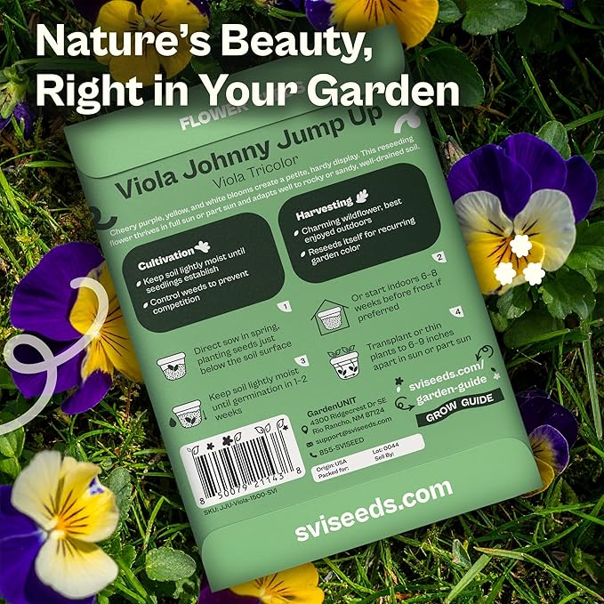 SVI 1500 Helen Mount Johnny Jump Up Seeds (Viola Tricolor) – Johnny-Jump-Up Wildflower Seed Packets, Violet Viola Edible Flowers – Flower Seeds for Outdoor Garden, Containers, Flower Beds