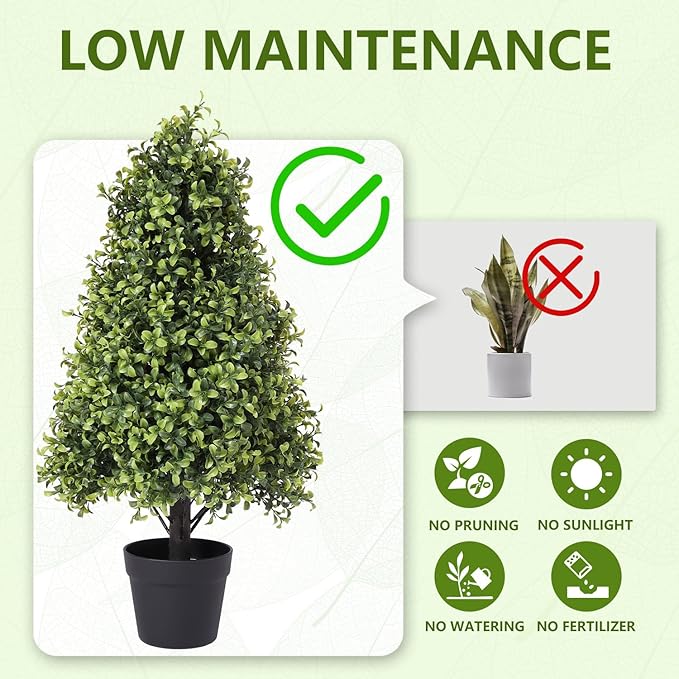 30" Artificial Boxwood Topiary Trees Outdoor Set of 2 - UV Resistant Faux Plants for Front Porch Outside Planter, Realistic Fake Cone-Shaped Bushes & Shrubs 2.5ft