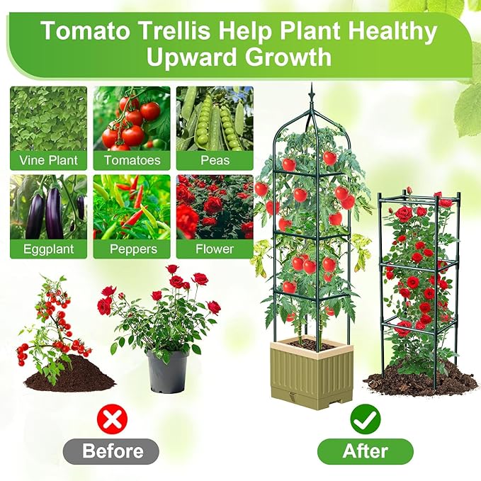 Raised Garden Bed Planter Box with Trellis, 71" Self-Watering Tomato Planter with Trellis for Climbing Vegetable and Plants, Tomato Cage Planters for Indoor Outdoor Patio Greenhouse Gardening (1Pack)