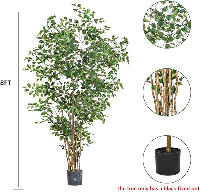 Bailikang Artificial Ficus Tree Indoor 8ft, Large Potted Faux Tree with Realistic Silk Leaves & Trunk for Home Office, Living Room Corner Decor