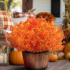 Artificial Fall Flowers for Outdoors, 10 Bundles Faux Flower UV Resistant Fall Fake Mums Plants for Outside Halloween Christmas Porch Decoration Fall Decor(Orange(Eucalyptus))