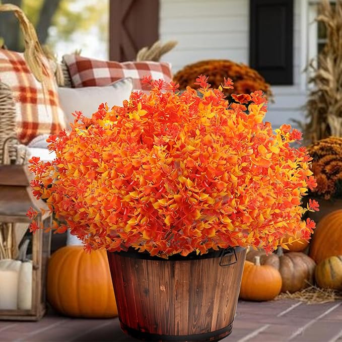 Artificial Fall Flowers for Outdoors, 10 Bundles Faux Flower UV Resistant Fall Fake Mums Plants for Outside Halloween Christmas Porch Decoration Fall Decor(Orange(Eucalyptus))