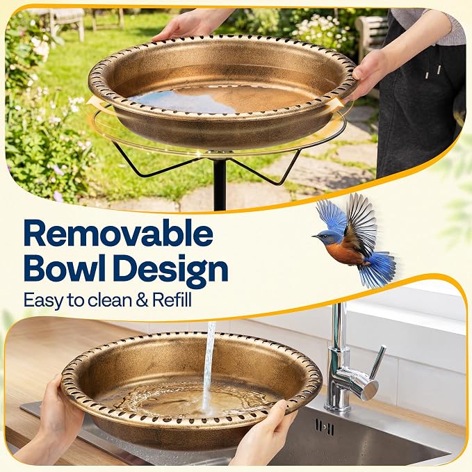 VIVOHOME Oval Bird Bath for Outside, Outdoor Birdbath Bowl with Metal Ground Stake, Weather-Resistant ABS Bird Bath and Feeder for Garden, 1.3 Gallons, Copper