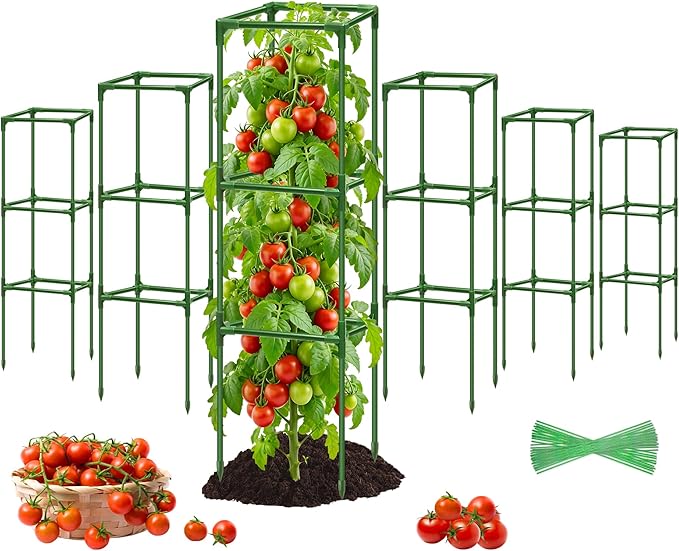 6 Pack Square Tomato Cages for Garden, 45 Inch Adjustable Tomato Stakes, Metal Tomato Trellis, Garden Plant Support for Potted Climbing Plants, Vegetables Flowers Fruits, Raised Garden Bed
