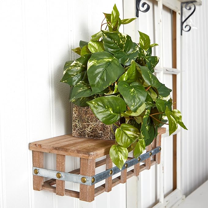 Nearly Natural 15in. Pothos Ledge Plant (Set on Foam) Silk Plant,Green