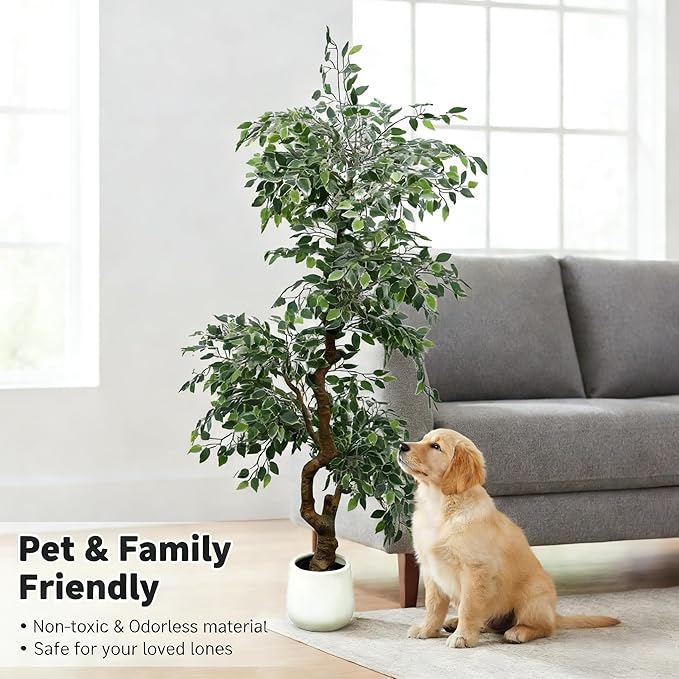 7FT Artificial Ficus Tree Indoor Outdoor, Fake Plants Indoor with White Pot, Realistic White-Edged Leaves Potted Tree for Home Office Decor