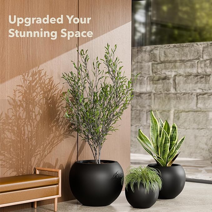 12.8"H x 16"D Premium Globo Fiberstone Round Planter with Drainage Hole, Smooth Finishes, Weather Resistant for Indoor and Outdoor Use, Included 2 Extra Coco Mats (Black, 10.7" Pot Opening)