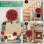 AOKIIE Set of 2 Artificial Red Boxwood Topiary Ball Tree for Outdoor with Ground Spike, 22" UV Resistant Faux Greenery Shrubs, Fake Plants for Garden Yard Porch Patio(Red)