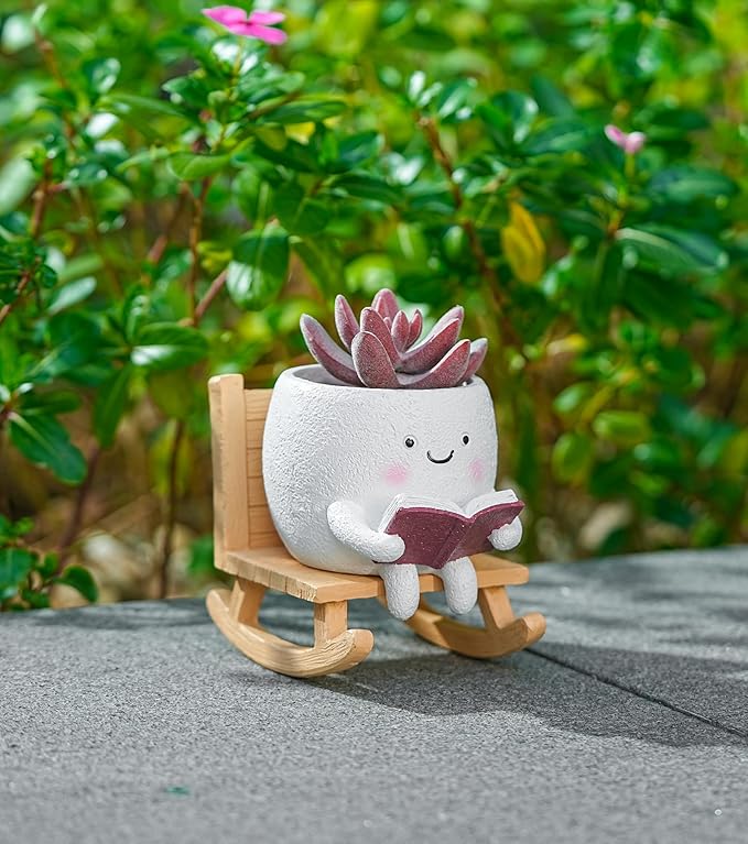 Rocking Chair Smily Face Planter with Drainage Hole, Cute Plant Pots for Indoor Outdoor Plants,Unique Funny Flower Pot for Succulents,Gift for Mother's Day, Birthday, Christmas(White)
