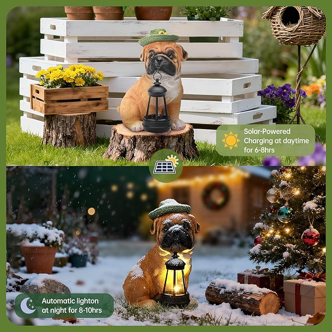 Solar Dog Outdoor Garden Statue with Lantern, French Bulldog Figurine with LED Lights, Lawn Decor for Patio, Yard Ornament, Unique Mother's Day Birthday Gift for Women Mom Gardener