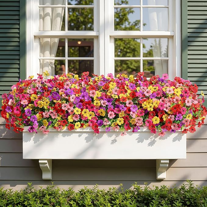 Alupssuc 48 Bundles Artificial Flowers for Outdoors Decoration, UV Resistant Silk Faux Daisy Flora Spring Fake Plastic Plants Greenery for Outside Indoor Yard Home Porch Window Box Decor, Mix 5 Colors