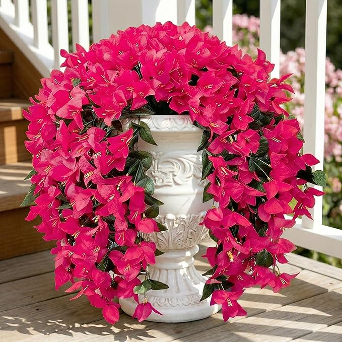 Artificial Flowers for Outdoors Fake Hot Pink Bougainvillea Hanging Flower Decoration, 2Pcs Realistic Faux Silk Plants Long Trailing Vines, Spring Decor for Porch Patio Balcony Planter Yard