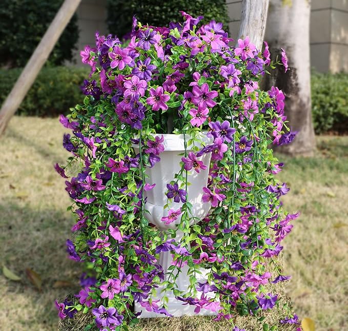 Artificial Hanging Flowers for Outdoors, 4 Pack Fake Hanging Plant for Spring Summer Decor, UV Resistant Faux Silk Flower for Planter Front Door Porch Patio Yard Garden (Double Purple)