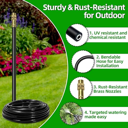 100 Ft Drip Irrigation System for Garden - Drip Irrigation Kit with 19 360°Adjustable Copper Nozzles Hose, Automatic Atomizing Plant Watering Sprinkler System for Yard, Lawn, Greenhouse, Potted