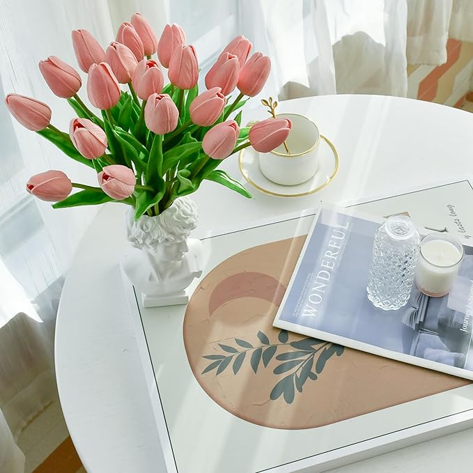 Mandy's Dusty Pink Artificial Tulips Flowers Centerpiece, 13.5" Lifelike PU Fake Floral Stems 20pcs for Kitchen Island & Dining Table, Spring Decor for Easter