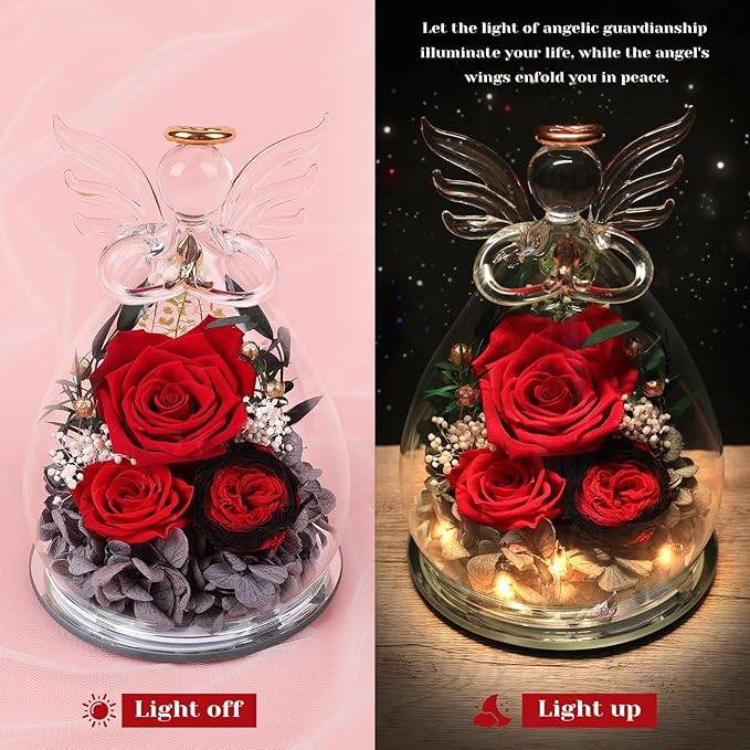 FIACO Gifts for Women Preserved Rose Forever Flower in Glass Angel Figurines Fresh Flowers for Delivery Mothers Day Birthday Gifts for Mom Real Roses for Grandma Sister Wife Her from Daughter