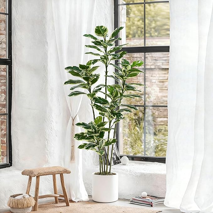 Artificial Rubber Plant 6FT Faux Plants Indoor Fake Rubber Tree with White Planter, Tall Fake Plants Potted Tree Floor Plant in Pot, Artificial Trees for Home Office Room Outdoor Decor