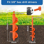 2Pcs Auger Drill Bit for Planting Digging Holes 1.6"x9", 3"x12" Garden Drill Augers for Hole Digger & Bulb Vegetable Flower Planting - Fit 3/8" Hex Cordless & Corded Drills