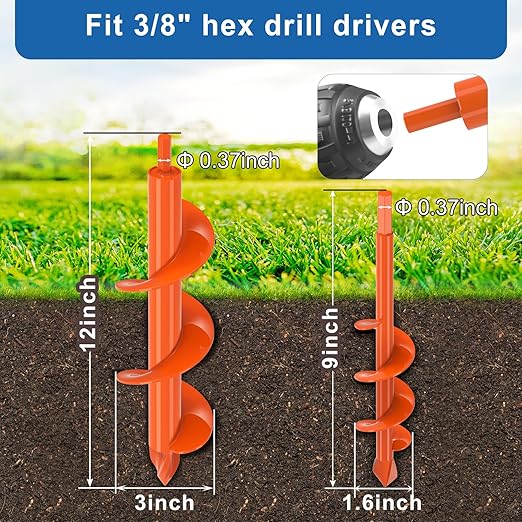 2Pcs Auger Drill Bit for Planting Digging Holes 1.6"x9", 3"x12" Garden Drill Augers for Hole Digger & Bulb Vegetable Flower Planting - Fit 3/8" Hex Cordless & Corded Drills