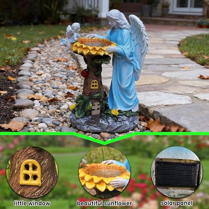 Voveexy Solar Garden Statue, Angel Outdoor Decor with Color Changing Light Garden Figurine Sunflower Outdoor Statue Waterproof Sculpture Lawn Ornament for Patio Backyard Christmas Birthday Present