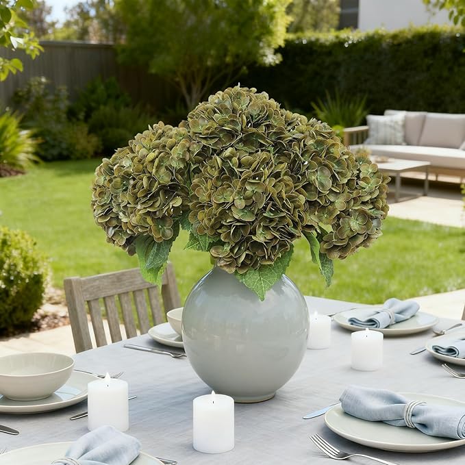 Coferset 4Pcs Olive Green Hydrangea Artificial Flowers Lifelike Faux Hydrangea Real Touch Artificial Flowers for Outdoors Home Wedding Christmas Office Party Living Room Decoration,22inch
