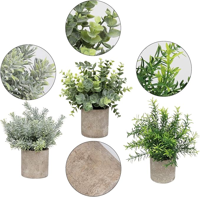 Flojery Mini Potted Plants Artificial Eucalyptus Boxwood Rosemary Faux Herbs Small House Plants 8.3"-9" Tall for Indoor Greenery Tabletop Décor Centerpiece (Sprayed Eucalyptus)