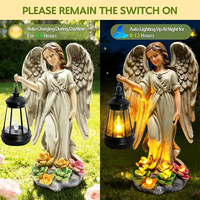 Solar Garden Statue Angel Figurine - 11.8 Inch Fairy Garden Angel Decor with Hanging Solar Lanterns and Succulent LED Lights for Balcony Patio Lawn Yard Ornaments, Mothers Day Gifts for Women Mom