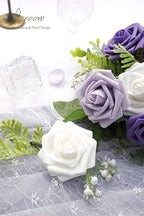 Floroom Artificial Flowers 25pcs Real Looking Violet Purple Ombre Colors Foam Fake Roses with Stems for DIY Wedding Bouquets Bridal Shower Centerpieces Party Tables Home Decorations