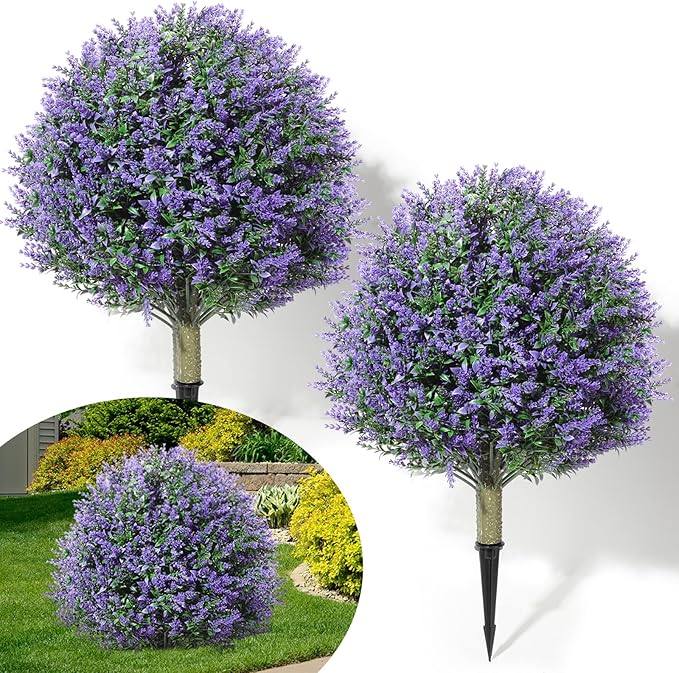 Lunmon 2 Pack 24" Artificial Topiary Ball Plants Trees with Flowers, Outdoor Fake Topiary Plants with Ground Spike, UV Resistant Faux Bushes for Indoor Outdoor Front Door Decor(Purple,Rose)