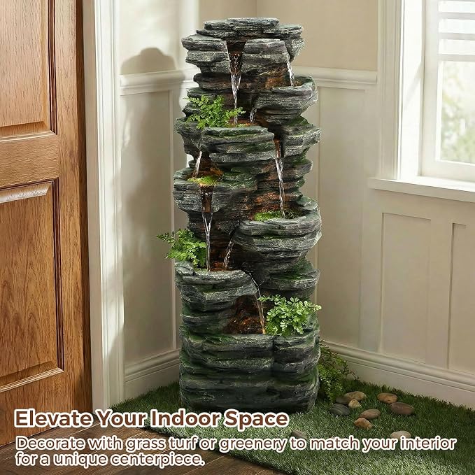 46" H Outdoor Water Fountain, 7-Tiers Cascading Rock Waterfall Fountain with 6 Warm LED Lights, Large Water Feature for Outdoor Indoor, Garden Water Fountain for Patio, Yark, Deck, Porch, Home Decor