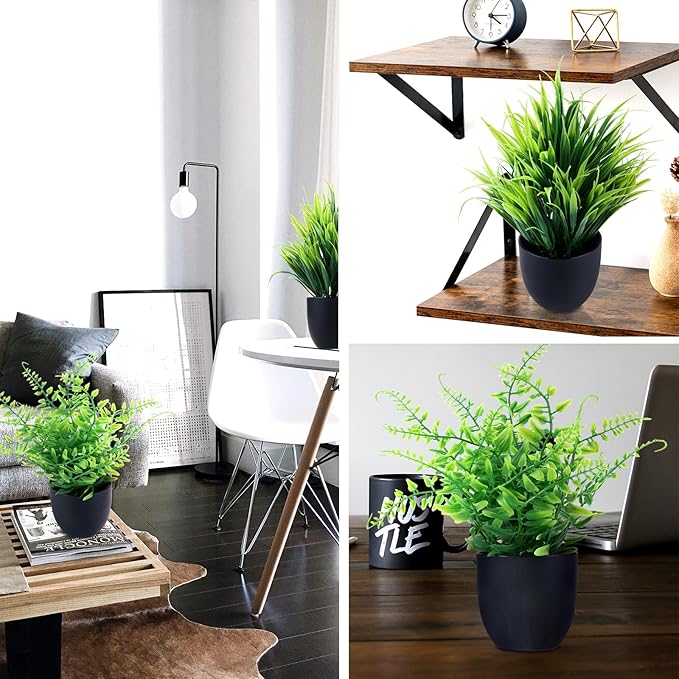 GREENTIME 2 Pack Fake Plants in Black Pot Small Artificial Plant Wheat Grass for Home Decor Faux Fern Greenery Indoor Bathroom Shelf Home Office Desk Bedroom Cabinet Kitchen Table Decorations