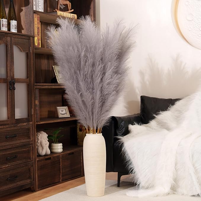 Premium Faux Grey Pampas Grass – 55" Tall Ultra-Fluffy 24-Branch One-Piece Stems No Assembly, Luxury Silk-Feel Feather Flowers for Modern Industrial Minimalist Home Decor (Charcoal, 8 Stems)