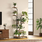 HOOBRO Plant Stand Indoor with Grow Lights, 63" Corner Plant Stand for Indoor Plants, 7 Tiered Metal Corner Shelf with 2 Hanging Basket Spots, for Home, Living Room, Rustic Brown and Black BF12DHJ01