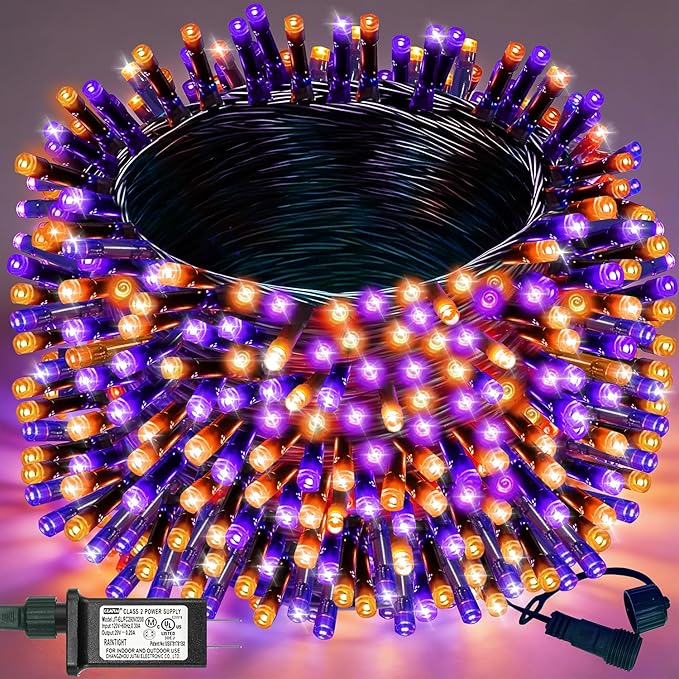 Decute Halloween String Lights Outdoor Indoor Waterproof 300LED 105FT UL Certified with End-to-End Plug 8 Modes, Decoration Lights for Christmas Tree Patio Garden Wedding Party Orange Purple
