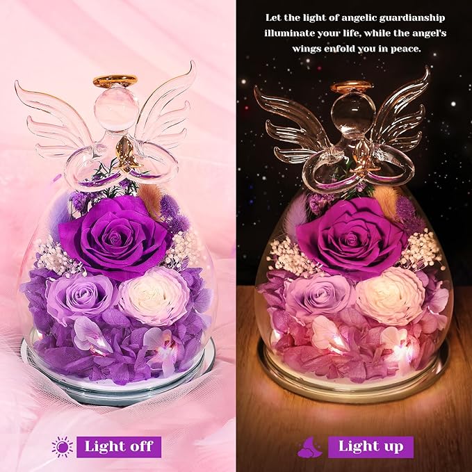 Gifts for Mom Birthday Gifts for Women Preserved Rose Forever Flower in Glass Angel Figurines Fresh Flowers for Delivery Anniversary Mothers Day Real Colorful Roses for Grandma Her Wife from Daughter
