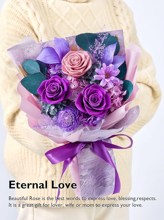 Eterfield Flowers for Delivery Prime, Mother's Day Forever Flowers Bouquet, Preserved Roses and Purple Flowers Birthday Gifts for Her Women Wife Mom Grandma Anniversary Valentines Day Christmas