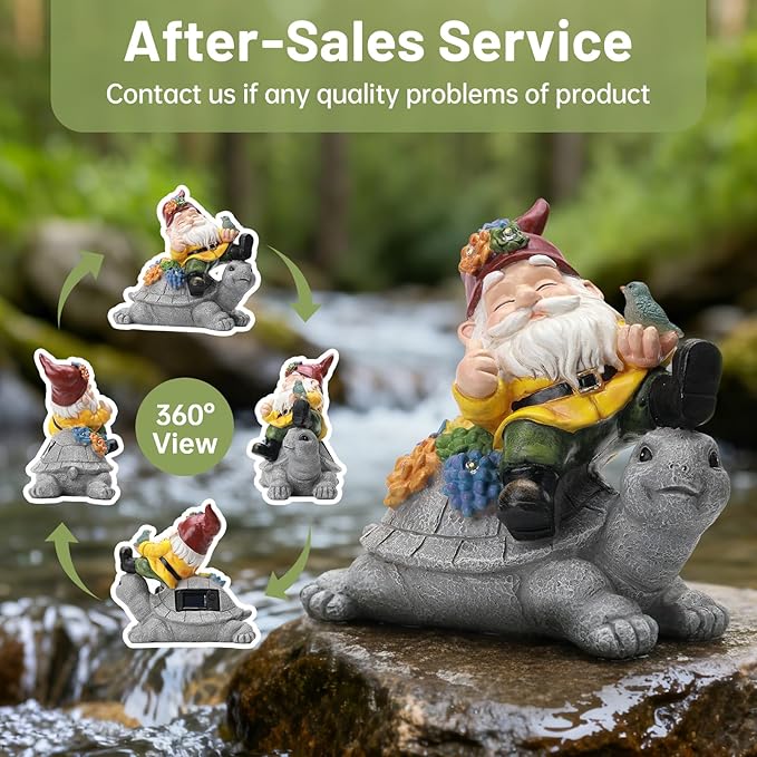 Solar Gnome Statue Outdoor Decor,Gnome on Turtle Figurines with LED Light for for Fairy Garden Yard Balcony Lawn Christmas Housewarming for Women Mom Grandma