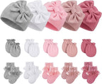 Ramede 5 Pack Preemie Newborn Hats Mittens Socks Set Cotton Bow Knot Caps Non-Scratch Gloves Ruffle Lace Socks for Girls Boys