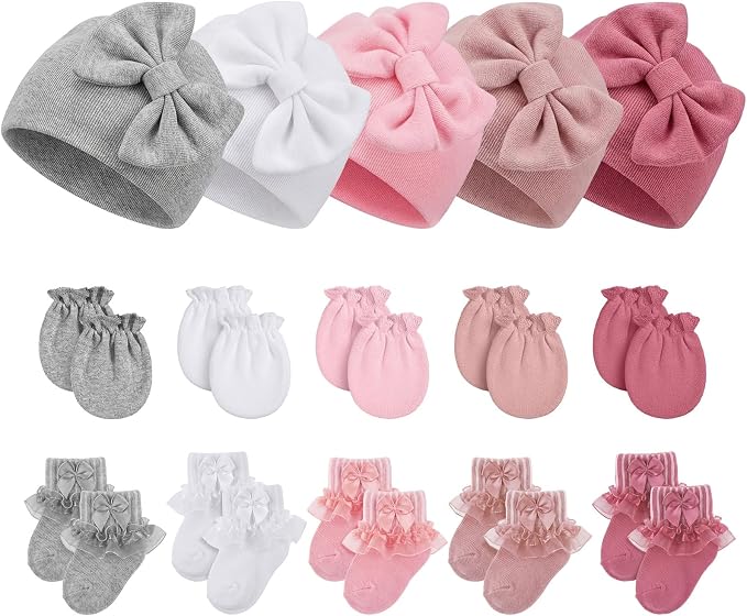 Ramede 5 Pack Preemie Newborn Hats Mittens Socks Set Cotton Bow Knot Caps Non-Scratch Gloves Ruffle Lace Socks for Girls Boys