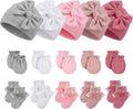 Ramede 5 Pack Preemie Newborn Hats Mittens Socks Set Cotton Bow Knot Caps Non-Scratch Gloves Ruffle Lace Socks for Girls Boys