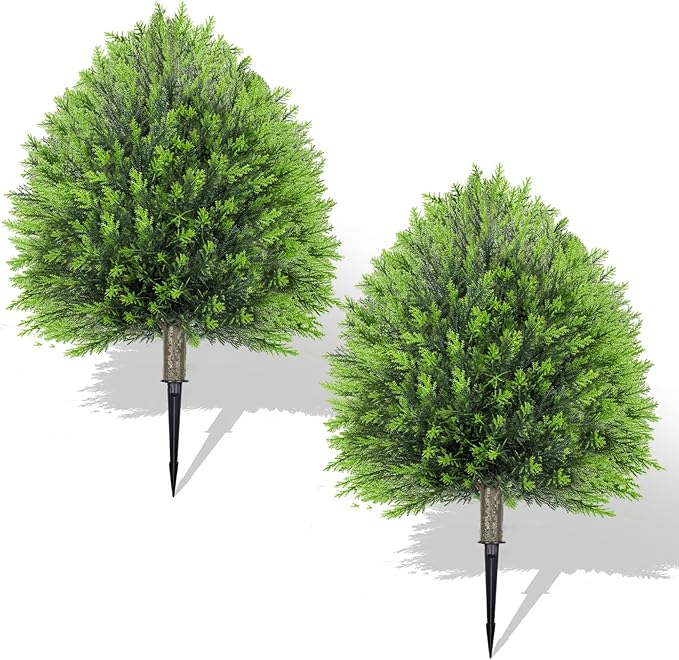 25.6" Artificial Cedar Topiary Ball Plants: Set of 2 Faux Cypress Bushes with Spike – UV Resistant & Fade Resistant Artificial Shrubs, Evergreen Spring Fake Tree for Outdoor Indoor Porch Garden
