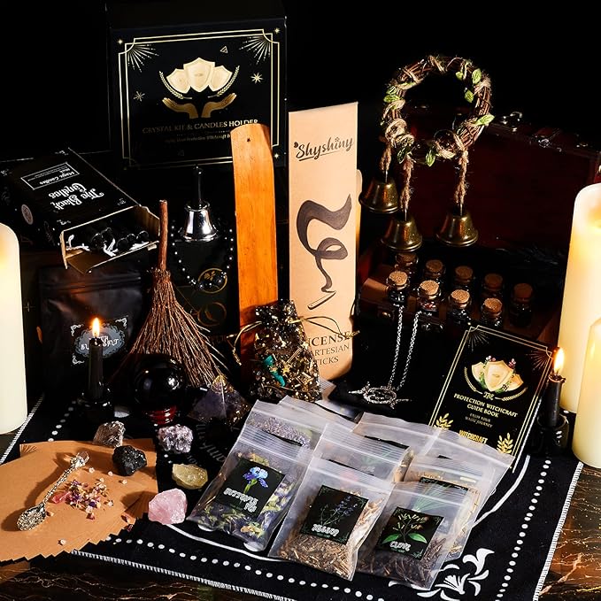 Wiccan Supplies and Tools for Protection, 130Pack Witchcraft Supplies Witchy Gift for Beginners, Dried Herbs, Crystals, Candles, Witch Starter Spell Kit