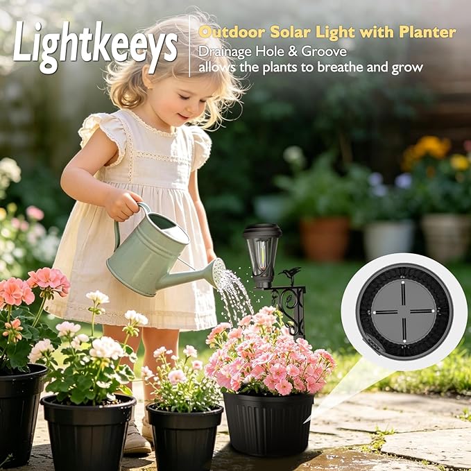 2Pcs 7.9 Inch Solar Lights Planter Dual-Sided 3000K Warm White Lighting, 2 in1 (Wall/Stand) Flower Pots, Auto on/Off IP65 Solar Post Light with Planter Waterproof for Yard, Patio, Porch, Pathway Decor