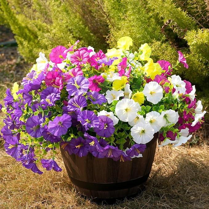 Fanfantoey Artificial Flowers for Outdoor, UV Resistant Fake Plants Outside Decoration, 14 Pcs Realistic Silk Morning Glory Faux Flowers for Porch Patio Gardens Home Decor(14, 4 Mixed)